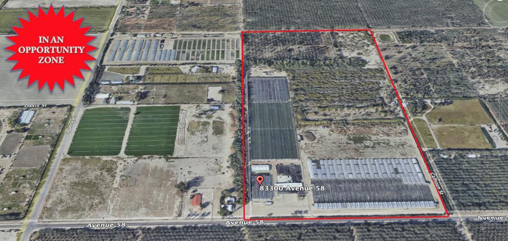 The subject property is located in the City of La Quinta Sphere of Influence (SOI) The current local governing agency is the County of Riverside in the Vista Santa Rosa Community. The future Low Density Residential designation on The City of La Quinta General Plan 2035 is consistent with recent Vista Santa Rosa Community board input, regarding future land use. Possible 200 unit residential subdivision. Sewer is at Jackson St.The property was originally developed as a Coachella Valley based nursery by a wholesale nursery company that distributed its products to Big Boxstores in Southern California. The original greenhouse improvement costs excluding the land exceeded the current asking price of the property by several million dollars. The property has a 500 gallon per minute irrigation well & pump station with storage tanks for the nursery irrigation system. Cannabis Hemp cultivation for CBD oil production was the most recent agriculture activity at the Nursery facility. A new owner could consider leasing the greenhouse to a new CBD cannabis grower tenant. The property could also be operated as a wholesale nursery to the landscape construction & maintenance industry in the Coachella Valley.The property is located in an Opportunity Zone, which offers a tax shelter advantage to a new owner. Opportunity Zones offer tax benefits to investors who elect to temporarily defer tax on capital gains if they timely invest those gain amounts in a Qualified Zone property.