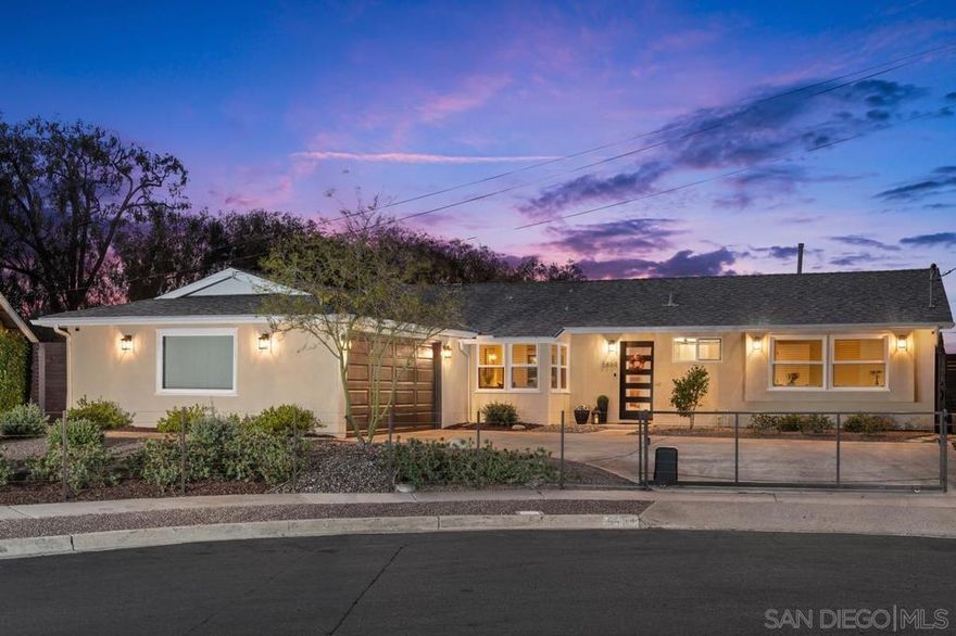 Rare find! 11,100 sqft canyon view lot sited in a cul-de-sac on the west end of University City.  Ample outdoor space with a yard, solar heated pool and garden.  Beautifully updated open concept filled with natural light.  Chef’s kitchen features wood cabinetry, quartz counters, induction cooktop, stainless steel appliances, and a 9’ island.  The living space includes integrated 5pt surround sound, projector, screen, and bluetooth equipped sound system.  Offering two thoughtfully designed primary suites and a flexible 3rd bedroom.  Fully fenced with an automatic driveway gate for added privacy and security.  Centrally located, close to beaches, shopping and restaurants.