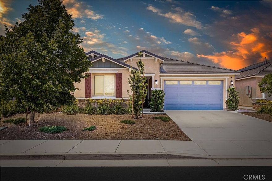Welcome to this highly upgraded 3-bedroom, 2-bathroom home, plus a flexi room designed for modern living with an open floor plan. This home also features a VA Assumable loan at a 4.25% interest rate for potential VA buyers! As you step inside, discover a host of premium features including upgraded floors (luxe vinyl plank and plush carpet in bedrooms), a smart home system, and recessed lighting throughout. Benefit from leased solar panels. A large den/office with a closet offers flexible space. The fully upgraded gourmet kitchen is a chef's delight, featuring expansive granite countertops, a bar island, deep sink, dining area, and abundant storage with a pantry. Both bathrooms are upgraded for modern appeal. The individual laundry room includes a sink vanity. Outside, both front and back yards showcase drought-tolerant landscaping and a spacious backyard with a shaded patio. The private master suite is generously sized with a large walk-in closet, individual sink vanities, and a walk-in shower. It also comes with EV Charging Station Capability for flexibility & control over your charging schedule. Centrally located for easy access to shopping centers, the 215 Highway, schools, and parks. Schedule your private showing today!