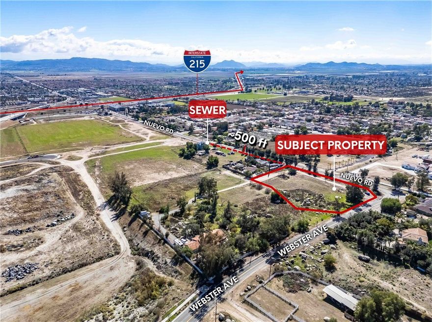 One of three contiguous parcels sold together or separately, this 1.45 acre parcel is on the southwest corner of Webster Ave. and Nuevo Rd. and in an OPPORTUNITY ZONE 1/2 mile from the I-215 interchange which ALLOWS 60 UNITS PER ACRE! WATCH aerial video! This is a timely opportunity for an investor or developer to acquire land with Mixed-Use Zoning, bordering Perris, close to the I-215/CA-74 Freeways and Nuevo Road interchange with NO Mello Roos taxes and is exempt from capital gains taxes if held over 10 years. With water and power next door and sewer in the street in front of the 2nd neighboring parcel, this property is ripe for development. We are just down the street from Perris Plaza with Walmart, ALDI, Stater Bros, In-N-Out, Chick-Fil-A, Ross, Starbucks, Planet Fitness and many other neighborhood amenities that make this area perfect for future residents and future growth.  Permitted uses include residential, parks, restaurants, retail, medical offices, and professional services. With conditional approval, additional uses may include hotels, entertainment venues, convenience stores, mobile home parks, and more. Please see OM for a full list of permitted uses. The population of Perris across the street is increasing, income per capita is increasing, poverty is decreasing, and the number of employed persons is also increasing!  The other two contiguous parcels that are being sold are 305-270-030 and 305-270-032. Riverside County is an incredible investment opportunity featuring proximity/access to three major interstates, the nation’s busiest port system, Ontario Airport, UPS & FedEx Ground Hubs and BNSF. The area around Nuevo Road and Webster Avenue in Riverside County/Perris, CA is rapidly developing with major commercial and industrial projects. Nearby, the Perris Gateway Distribution Facility is under construction on 42 acres near I-215, set for completion by August 2025, bringing 855,330 sq ft of warehouse space and 27,000 sq ft of retail including Taco Bell, Starbucks, Shell, and Sonic. Infrastructure improvements are also underway, including an $8 million upgrade to Ramona Expressway and an expansion of the Perris–South Metrolink Station, adding a second platform and a 2.7-mile track upgrade. With these developments, the region continues to grow as a key logistics and business hub in Southern California. With the ideal zoning and location, this property is great for development or investment. Secure this Opportunity Zone land before it’s gone!