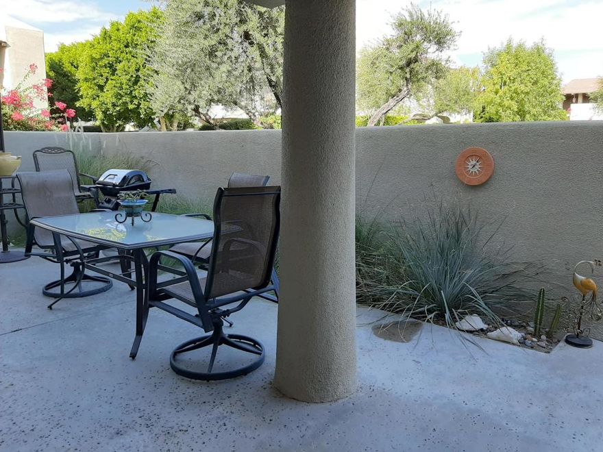 Available from December 15, 2025 this ground level FURNISHED condo with a large enclosed patio and washer and dryer inside is in a complex with a sparkling pool and spa. The gated complex, only a few blocks from Palm Canyon Drive with its restaurants and cafes, has also 2 tennis courts, carport parking. King size bed in the main bedroom, pop up trundle in the guest bedroom and sleeper sofa.