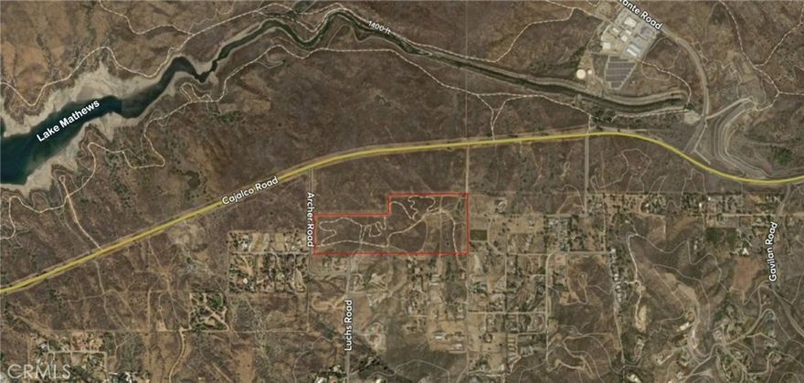 Gavilan Hills area, beautiful 50 acres of slightly sloping property with view of Lake Mathews. Located right off Cajalco Rd. Property runs from Archer Rd. East to Loudenberry Rd. Off these 15 freeway East to Cajalco Rd and Archer Rd.