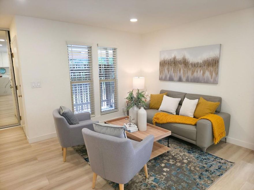 Commuters' dream home! This fully remodeled 3BR/2BA single-story end-unit home in the heart of Sunnyvale combines modern style with everyday convenience. The open-concept great room provides generous space for dining and entertaining, seamlessly extending to a large private patio through an extra-wide sliding door. The sleek kitchen showcases quartz countertops with a waterfall island, stainless steel appliances, a wine chiller, and abundant cabinetry. The primary suite offers a walk-in closet and an ensuite bathroom with a bidet, while additional upgrades include lighted mirrors, in-unit laundry, central A/C, luxury vinyl plank flooring, recessed lights, and modern finishes throughout. Nestled in one of the communitys best locations, the home is surrounded by mature trees and landscaped lawns. Short commutes to major tech employers like Nvidia, Apple, Google, Meta and more. Amenities include an updated clubhouse, a sparkling pool, lush greenery, and tall shade trees. Close to Costco, Whole Foods, shopping, dining, with easy access to Hwy 101/237, Central and Lawrence Expressways, and Caltrain.