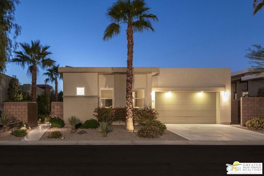 Set within the gated community of Escena, this Toll Brothers Brizo model blends architectural intent with everyday livability. Designed with mid-century influence and a modern sensibility, it features clean lines, ceilings rising to 16 feet, and walls of glass that bring light deep into the home. The open layout connects the kitchen, dining, and living areas in one effortless flow. Generous volume, natural light, and simple detailing create a sense of calm and clarity throughout. A true three-bedroom plan offers flexibility rare for the neighborhood, with the third bedroom suited for guests or a home office. Lush, established landscaping surrounds the home, where tall hedges frame a 30-foot saltwater pool and integrated spa with cascading water feature. Mountain glimpses, a mounted outdoor TV, and thoughtful outdoor design make the backyard ideal for quiet mornings or evening entertaining. The primary suite opens directly to the pool and spa, while a private entry courtyard frames striking western mountain views. Residents of Escena enjoy a gated environment of desert-modern architecture with low HOA fees, a newly remodeled clubhouse and grill, walkable streets, a community "Bark Park," and access to some of Palm Springs' most admired mountain and golf course views.