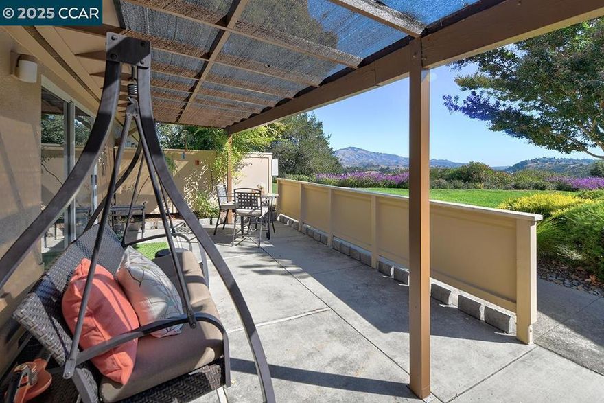 Location, location, location! Situated at the very end of the entry, atop a ridge overlooking downtown Walnut Creek and Mt. Diablo. One of a kind Mendocino model, corner unit with no upstairs or downstairs neighbor. Enjoy the unobstructed, breathtaking view from large private patio (200+SF), nestled under a pergola.  Single-level, level-in property with no stairs whatsoever. The kitchen has been remodeled to create a beautifully open floor-plan. Newer cabinets with large pull-out drawers and granite counters. Hard surface flooring throughout. Updated bath, bedroom with no shared wall. Steps to carport with the maximum amount of custom storage, composed of 11 additional, locking cabinets. Views:  Ridge