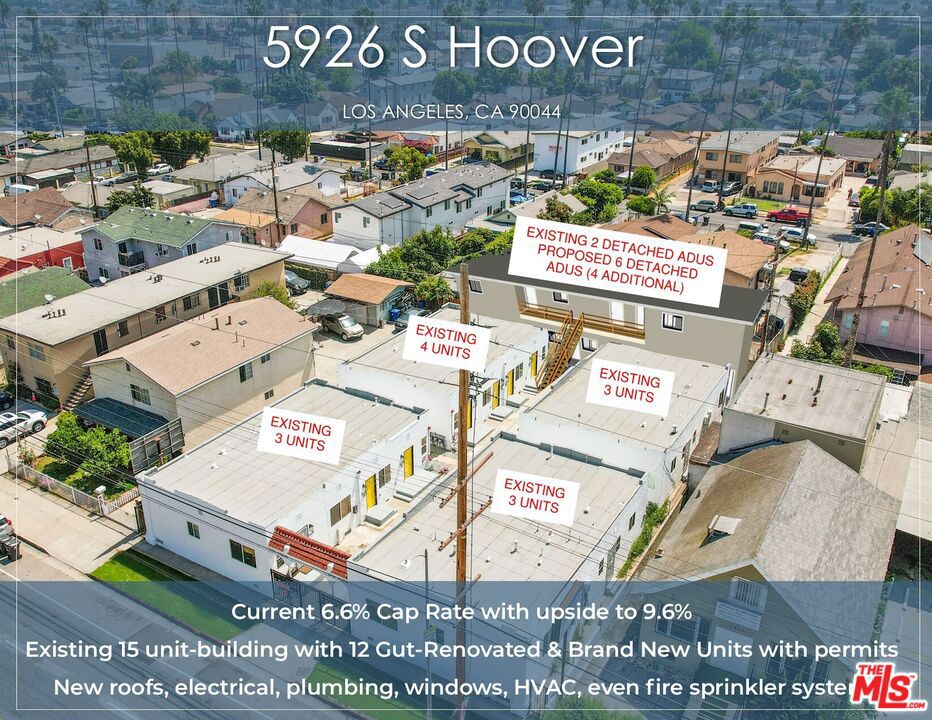 Price Reduction! Existing 15-unit building with 12 Gut-Renovated & Brand New Units cash flowing at an amazing 6.6% Cap Rate and 11 GRM from day 1. The units have been completely remodeled from the studs with permits and boast a high-end aesthetic with new modern cabinets, flooring, lighting, new bathrooms, as well as major exterior capital improvements. On top of that, the major systems have been updated including brand new roofs, electrical, plumbing, HVAC, etc. and even a brand-new fire sprinkler system for all the units that will save you tons of money on insurance costs in California! Amazing upside to 9.6% Cap Rate & 8 GRM on the proforma. Additionally, there are preliminary plans to convert the 2 existing brand-new detached ADUs into 6 detached ADUs (4 additional) to improve the numbers even further. Excellent up and coming location minutes from Banc of California Stadium, USC, & Inglewood. Each unit is individually metered for gas and electricity, ensuring convenience and efficiency. Large ~10,554 SF TOC Tier 3 lot zoned C2 with future redevelopment potential.