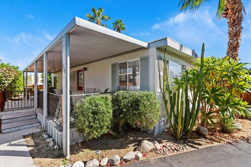 Location, Location, Welcome to Ramon Mobile Home an active 55+community, close to Ralph's Shopping Center, and within one mile of downtown Palm Springs and 3 miles to Palm Springs International Airport.  This 2 Bedroom, 2 Bath mobile is perfect for those seeking a vacation getaway or a year-round residence.  Incredible mountain views from the large covered Trex deck for entertaining or having your morning coffee or evening wine. It is being sold furnished so you can enjoy the resort lifestyle of Palm Springs. Residents enjoy many amenities, including a sparkling pool and spa, a clubhouse for social events shuffleboard courts, a library and exercise room. The kitchen has been updated with newer appliances including a dishwasher, built in microwave and a newer washer /dryer with many cabinets. It has a large island counter that opens up into the living room.  The electrical system has been totally updated with a warranty.  The main bedroom has a slider and a bath with a shower.  The second bedroom is currently being used as an office. and the bathroom has a tub/shower. There is an evaporative cooler as well as central air and heat.  The parking area is covered and can accommodate two vehicles tandem, with a storage shed.  Mobiles can be rented for a minimum of 30 days with park approval.  All buyers to qualify to purchase. Mo space rent will be $906+ utilities d $20.50 for sewer.  All buyers must be approved to purchase by park management.