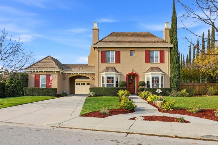 Perfectly positioned in the prestigious Alicante neighborhood of north Morgan Hill, this executive residence offers timeless design, exceptional scale, and resort-style living. Set on an expansive 17,459 sq. ft. lot, the home features a spacious floorplan of over 3,800 sq. ft. designed for both refined entertaining and everyday comfort. Soaring ceilings and warm hardwood floors create an inviting, light-filled atmosphere throughout. A private den with a cozy fireplace provides a quiet retreat, while a petite wine cellar adds a touch of sophistication. The chef-inspired kitchen is beautifully appointed with solid wood cabinetry, tile backsplash, granite countertops, and stainless steel appliances.. Step outside to a lavish, resort-style backyard offering exceptional privacy and ambiance. Enjoy a sparkling pool, stone patios with three separate gathering areas, a stone-clad BBQ bar, and a custom pergola, all enhanced by thoughtfully designed LED lighting that creates a stunning setting day or night. all complemented by an owned solar power system for energy efficiency and long-term value. This remarkable Alicante home blends luxury, space, and privacy in one of Morgan Hills most sought-after communities  a rare opportunity to enjoy upscale living at its finest.