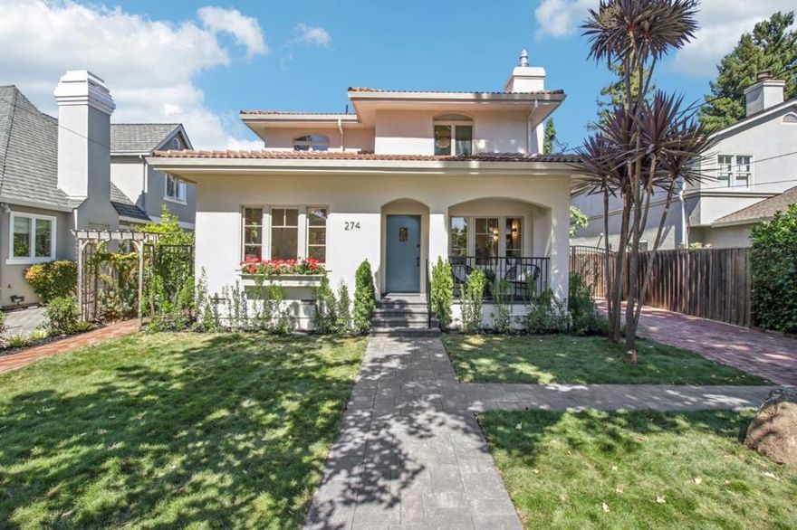 Situated in the heart of Allied Arts, just steps from the charming Allied Arts Guild, this elegant 4-bedroom, 3-bathroom home offers approximately 2,400 square feet of living space (plus a Guest House) on an expansive 7,500-square-foot lot. The first floor boasts a living room centered around a gas fireplace clad in dramatic floor-to-ceilling marble, and a luxuriously renovated kitchen. A separate family room flows seamlessly to an oversized tiled patio, ideal for entertaining. Upstairs, three bedrooms include the primary suite, featuring a generous walk-in closet and spa-like bath with an oversized soaking tub. A laundry area and ample storage space located in the basement. Tucked discreetly into the back corner of the property, a private Guest House with its own red-brick entrance offers a serene retreat for guests or a valuable rental opportunity. The garden is a lush oasis, with Mayten trees, Cordyline, espaliered citrus, cherimoya, fig, avocado, lemon and apple trees, beside a tranquil fountain. All this, just minutes from downtown Palo Alto and Menlo Park, Stanford, and top-rated schools. Blending modern design with timeless character in one of Menlo Parks most coveted neighborhoods, this home is a rare opportunity not to be missed.