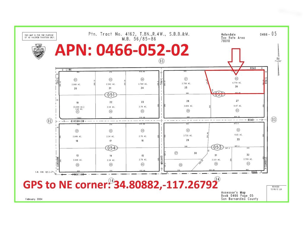 4.78 Acres on Link Road (APN: 0466-052-02) GPS coordinates to the approximate North East corner of the Property: 34.80882,-117.26792. The address is only an approximation, this is raw undeveloped land ready for your vision of development. Located just under a mile from the end of the pavement, and adjacent to BLM ground , this is an outdoor recreationalist's paradise! Surrounding neighborhood has quiet homes and mini ranches with properties in the range of 2.5 acres to 20+ acres, including a certified organic jujube farm just around the corner. The area is zoned Resource Conservation (RC) which has a 40 acre minimum, lending assurance that the area will continue to have large lot sizes with a rural feel. Welcome to Helendale, CA, a hidden gem in the Mojave Desert! Experience the perfect blend of adventure and accessibility with its convenient location near major highways. Immerse yourself in the stunning desert vistas and explore the charming neighborhoods brimming with local character. Whether you prefer leisurely strolls or thrilling hikes, Helendale offers activities for everyone to enjoy. Come and uncover the allure of California's desert beauty and create unforgettable memories in Helendale. This property does not yet have an address, the address listed is for marketing purposes only. While the boundary lines on the map offer a glimpse, they are only approximate. A Buyer should verify boundaries, zoning and utilities, ensuring every aspect aligns with their vision for the property.