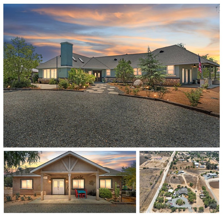 Don’t miss this **MULTI-GENERATIONAL COMPOUND, RANCH** Nestled in scenic Gavilan Hills with 2 DWELLINGS, 2 ADDRESSES, 2 ENTRANCES, 4.46 Acres FULLY FENCED and Well Maintained!! This Horse Ranch has potential to build a Barn and Riding Facilities and is Zoned for Live Stock with plenty of room to build XL Workshops or Multiple car garages or an attached ADU. This Meticulous Property with Panoramic VIEWS has everything you have been waiting for Including a 25’x28’ Event barn for Entertaining along with a 22’x30’ Workshop with 2 large Roll up Doors and 220V, PLUS RV Stations located at each home!
MAIN HOUSE: Custom Built in 2005 is a SINGLE STORY 2950sf, 5 Bedrooms and 2.5 Bath Home that has the Best Layout with Windows Galore and multiple Doors exiting to the many different Entertaining areas of the yard. The Open-Concept Kitchen with NEW Tile, NEW Appliances and a Vaulted Ceiling allowing incredible Natural Light is open to the Living Room and Dining Room with Walnut Flooring and newer Carpet. Designer Bathrooms have been Remodeled with ALL NEW Tile and Custom Built Showers. The Primary Suite is a Dream with a Foyer, Newer Carpet, an XL Walk In Closet, Natural Light and even French Doors to Private Patio and side Yard area! Off the Kitchen is a Butlers Pantry, Half Bathroom & Designer Large Mud Room with NEW Washer & Dryer that is Included. Surrounding the Main House is Multiple Entertaining areas of the yard including a Pool & Jacuzzi with Concrete decking and Shaded Seating, an Event Barn Surrounded by Bar-top Seating with a TV and BBQ nook, Multiple Shaded Table top areas, Fully enclosed Grass Area, Garden Area, Fruit Trees, Disc Golf course, Horseshoe Pit, Chicken Coop, Covered & Concreted areas surrounding home w/Easy access to interior restrooms. The front of Home Entry has a an Electronic Gate Access with well maintained Gravel Driveway and Parking, Shade trees and Dedicated Walk up to Beautiful Walnut Double Doors!
2nd Home: PERMITTED SFR built in 2019 with 1300sf 3 Bedrooms, 2 Bathrooms, FULL KITCHEN & Laundry, 2 Concreted & Covered patios, 1 Patio fully screened, endless Panoramic VIEWS!, Clean Maintained Dirt trails, Separate gated entrance, Separate utilities and 2nd address, VERY Private-Located in back of property away from Main house.
This MULTI-GEN COMPOUND is in a PRIME LOCATION of Gavilan Hills with close proximity to Shopping, Schools and Freeways and TONS of Income producing Potential!