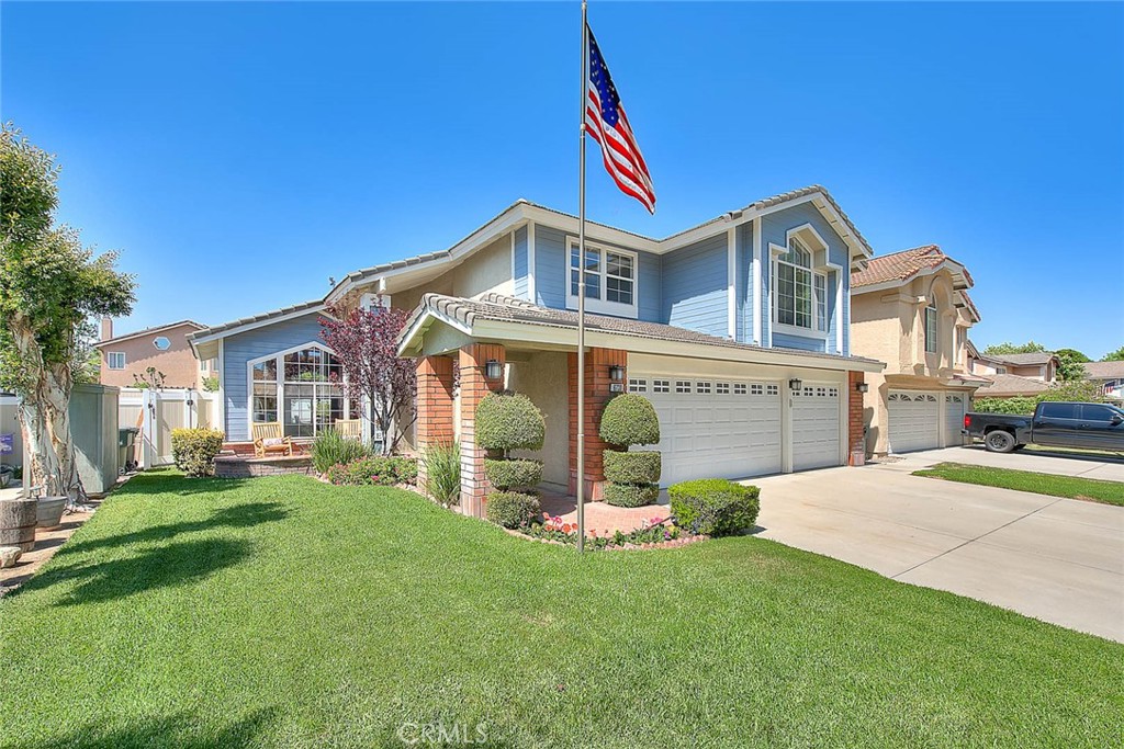 Welcome to this seldom available opportunity in the Collage community, by Fieldstone Homes on a quiet cul de sac. This is The Castillo floorplan with 2616 sf, encompassing 4 bedrooms, a bonus room, and 3 baths! A well cared for home with stunning curb appeal and pool and spa- get ready for summertime fun! Desirable south facing, ensuring backyard sunshine for those entertaining pool parties! The approach to the front door is along a custom brick walkway, pass the front yard patio area to the entry door. A spiral staircase with cathedral ceilings welcomes you. The living room and dining room flow together with 16 foot ceilings. The kitchen with stainless steel appliances: a gas range, microwave, and dishwasher are open to the family room. Recessed lighting, undercabinet lighting, and a pantry are nice touches. The window over the sink watches over the backyard pool/spa area so u=you can keep an eye on the action. Bar seating and the adjacent nook are great for everyday dining. Wide open views to the backyard from the family room, kitchen, and nook, along with easy access from the family room sliding door! A fireplace graces the family room, trimmed in brick with a hardwood mantle. Laminate wood flooring is carefree. There is a downstairs bedroom and full bath, along with a nicely sized laundry room with wash basin and cabinets. Up the spiral staircase you have 2 additional bedrooms and a bonus room and full bath. The primary bedroom is at the back of the home with views to the back yard. Featuring vaulted ceilings and a double door entry- which allows easy moving of large furniture. A luxury bathroom with walk in closet, separate tub and shower, twin sinks and custom lighting. A water closet provides privacy for 2 people using the bathroom at the same time. The back yard is an entertainer's delight! A pool and spa, firepit, lighting, ample seating areas, and carefree vinyl fencing. Chino has multiple awards for a Top 100 City for Young Families. Award winning schools and a myriad of city parks. Walk to Shady Grove Park. There is wonderful nearby shopping at The Chino Spectrum & The Shoppes (in Chino Hills), to name a couple. Priced to sell, come take a look at this spectacular property!