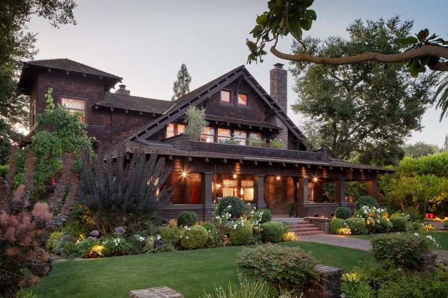 Magnificently & flawlessly remodeled, this notable Palo Alto residence is one of the City's most enduring landmarks.  Exceptional design, outstanding craftsmanship & state-of-the-art amenities harmonize with the original architecture of this turn of the century beauty transforming it into a home that radiates warmth & hospitality. Grand rooms feature rich wood details, open beam ceilings, handsome stonework, & an abundance of windows.  There are 5 huge bedroom suites, one on the main floor with a separate seating area, two private offices, an open family/kitchen that will wow the home chef, an upstairs media room with snack kitchen, & lower level rec room.  There is plenty of room for work, play, family time & exercise space. The home is surrounded by a serene garden with majestic trees, lush perimeter planting beds, water features & an inviting brick terrace with outdoor fireplace.  A detached garage repurposed as an exercise space & a 1-bedroom cottage complete this special property.