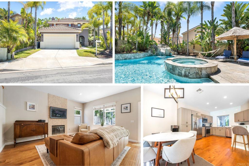 Welcome to your backyard private resort. This inviting 3-bedroom, 2.5 bath home in the sought-after Santa Fe Hills community features an open floor plan, wood floors, and an updated kitchen with quartz countertops, pullout shelves, and stainless steel appliances. The backyard is ideal for relaxing or entertaining, with a pool, spa, waterfall, and firepit surrounded by tropical landscaping. Additional highlights include a stone fireplace and walk-in closets with built-ins. To top it off, the community offers scenic trails, parks, and recreational areas, and is in close proximity to shopping, dining, Cal State San Marcos, Palomar College, and access to 78 HWY. Will only be shown by appointment on 8/9, 12:30-2 and 8/10 1-2:30