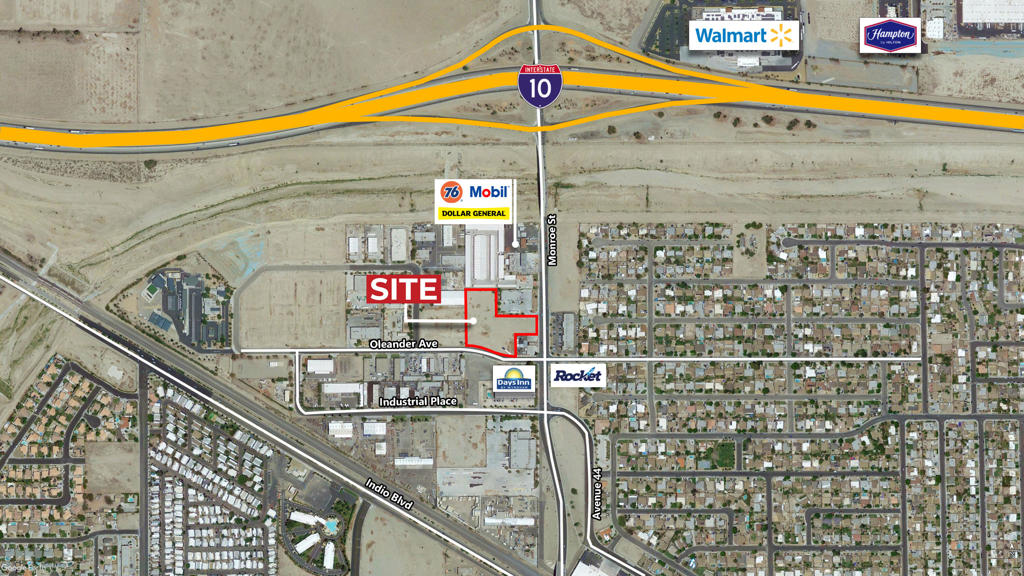 Easy access to I-10 at Monroe Street. Great visibility on one of the most traveled corridors in the east valley. 26,000 cars per day on Monroe Street. Two miles from Historic Downtown Indio, where new development is occurring and the College of the Desert campus is growing rapidly and is on its third expansion. Indio is the largest and fastest growing city in the Coachella Valley. Frontage on two streets, Monroe Street and Oleander Avenue. Neighborhood Center zoning allows for medical/professional office, small-scale retail, hotels, restaurants, and recreational facilities.