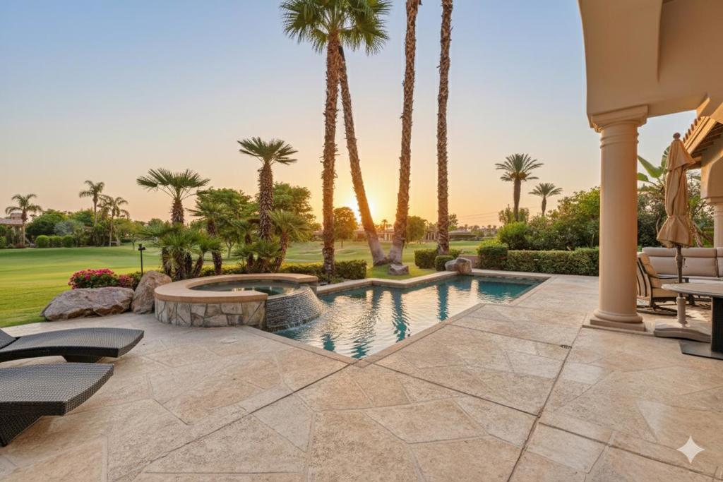 Imagine welcoming each day with a serene sunrise over the 13th tee box and 12th green of the Jones Course at Rancho La Quinta Country Club. This is not just a home; it's a coveted lifestyle. This immaculate end-unit residence offers an atmosphere of privacy with no neighbor to the south, yielding an expansive side yard--a rare find. The spacious 4-bedroom, 3.5-bath floorplan, including a detached casita, is designed for both grand entertaining and tranquil retreat. Soaring ceilings and a wall of glass featuring a 10-foot slider immediately draws you toward the linear pool and spa, seamlessly blending indoor luxury with the sun-drenched desert climate. Natural light floods the living spaces, highlighting the elegant finishes, including granite counters, stainless appliances, and two intimate fireplaces. The luxurious primary ensuite features exquisite travertine surrounds and 2 walk-in closets. Life at Rancho La Quinta is unmatched. Your HOA dues simplify upscale living, covering 24-hour guard-gated security, high-speed internet, cable, landscaping, and walk-up trash service. Best of all, they include a Sports Membership providing access to the newly renovated clubhouse (mid-season completion), tennis, pickleball, pools, and a state-of-the-art fitness center. With this extraordinary amenity package, there is no better time to secure your sanctuary in Rancho La Quinta.