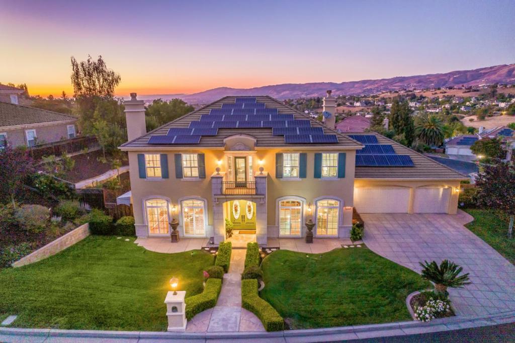 Welcome to 4953 Cruden Bay Court in Silver Creek Valley Country Club Mediterranean-style home offering 4,569 square feet of luxury on a 15,950 square foot lot. Featuring stunning panoramic views of mountains and valleys. Large foyer, lined in marble, leads to a stately office with floor-to-ceiling windows, setting a sophisticated tone.Chefs kitchen, with rich wood cabinets and designer appliances, forms the heart of the home. Sun-filled casual dining featuring built-in cabinetry, storage is abundant.This home includes 5 bd/5.5 baths, ensuring ample space for family and guests. Primary suite with 2 large custom closets, breathtaking views from every window and balcony, complemented by a luxurious marble bath. On the second level, you'll find 3 additional bedrooms and a private office/den with French doors leading to a balcony, perfect for a work-from-home space. For entertainment, the extra-large media and game room opens to the backyard, providing a seamless flow for gatherings in all seasons.The beautifully landscaped grounds enhance outdoor experiences, whether hosting a barbecue or enjoying a peaceful evening. Additional amenities include a 3 car garage equipped with an EV charger, and a state-of-the-art water purification system for convenience and sustainability.