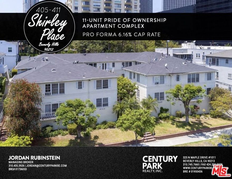Century Park Realty, Inc. is proud to present this pride-of-ownership 11-unit apartment complex located in prime Beverly Hills, across from Beverly Hills High School and at the gateway to Century City. 405 Shirley Place is a 13,122 SF building situated on a 0.32-acre lot, consisting of ten (10) spacious two-bedroom, two-bathroom units (averaging almost 1,200 SF) and one fully renovated standalone studio. The building features classic Beverly Hills charm with a leafy brick-gated courtyard, original crown moldings in units, and timeless architectural details with modern updates.This offering presents a compelling value-add opportunity, with a proven value add business plan already in motion. Five of the eleven units have been partially or fully updated as tenants naturally moved out over the year and those renovated units have achieved significantly higher rents (up to 95% rental premium through interior renovation), clearly demonstrating the potential to increase income across the board. A new owner can execute the same or similar renovation strategy to increase net operating income (NOI) by +/- 40%  a clear path to increased cash flow and long-term value creation.Additional Opportunity to Acquire Adjacent Parcel(s)