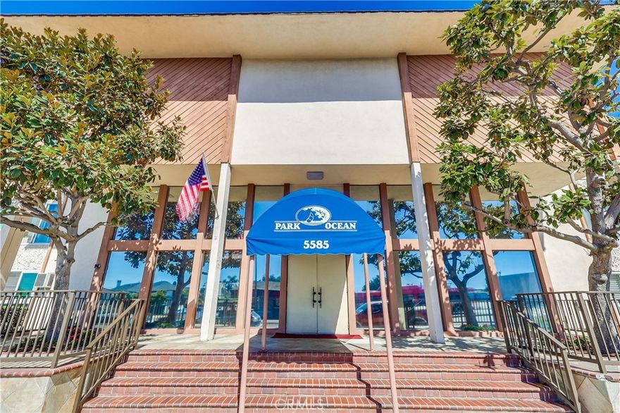 Luxury Living. Ground level 1 bedroom condo. New paint and luxury vinyl flooring, Vertical blinds. Vanity bathroom area with large closet. Sliding mirrored closet doors. Park Ocean Condominiums near the corner of PCH & 7th Street. Secure building with ONE assigned Outdoor parking space in gated parking area. Includes electric range, microwave, refrigerator, and wall A/C unit.  Complex amenities include gym, pool, spa, tennis courts, recreation room, and onsite laundry facilities. Located just minutes from the ocean and marina. Water and trash included in HOA dues.