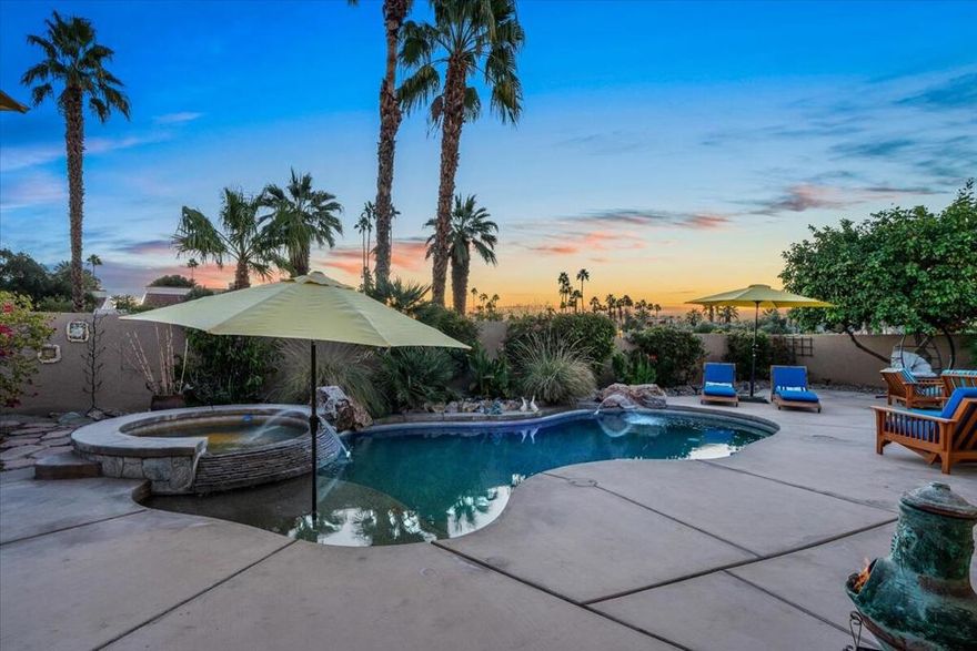 Discover VISTA MIRAGE, a tranquil gated community situated in the beautiful Rancho Mirage. This is an extraordinary opportunity for discerning buyers seeking exceptional value in their next home. This exquisite residence features 3 generously sized bedrooms and 2 contemporary baths. The welcoming family room is enhanced by a charming fireplace, while the updated kitchen boasts beautiful quartz countertops, stainless steel appliances, and a brand new refrigerator. Both bathrooms have been tastefully modernized, with the primary bath now showcasing a stylish closed shower door. Throughout the home, elegant tile floors and plantation shutters add an air of sophistication. Step outside to relax in your private oasis, featuring a pebble tech pool and spa, along with a fire pit that's ideal for entertaining on cool evenings. The outdoor space is enhanced by new patio furniture, providing a stylish and comfortable setting for gatherings. Additional highlights include a 2-car attached garage and low HOA dues. Recent upgrades feature attractive desert landscaping and a solar lease that the buyer must assume, with 7 years remaining. Electric bill is $270 per month. As a bonus, this home is offered furnished (per inventory), making it an ideal choice for either full-time living or a seasonal getaway. Don't miss out on this exceptional opportunity--call today to schedule your private showing!