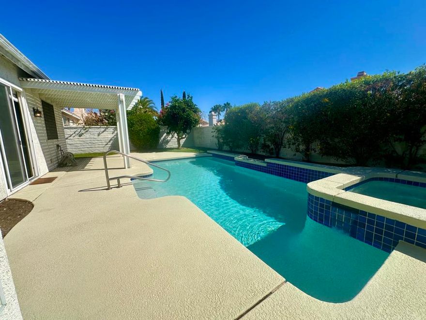 POOL Home - Spacious Open Concept with Vaulted Ceilings! This beautifully maintained detached residence is set on a north-facing lot with picturesque mountain views enjoyed from the poolside, kitchen, and family room. Located behind the gates of the highly desirable Merano community in central Palm Desert, this home offers both convenience and comfort in one of the desert's most PRIME locations.  The lease is offered for a minimum of one year and includes gardening, pool service, and all utilities, providing exceptional value and saving tenants thousands annually. Inside, the home showcases an open-concept floor plan with soaring ceilings, a dramatic double-sided fireplace, kitchen island, custom blinds, and expansive windows and glass sliders that flood the home with natural light while creating seamless indoor-outdoor living to the pool area. Flooring is upgraded luxury vinyl plank and tile throughout, and interior wall colors may be refreshed to all white at tenant's request for a lighter, more contemporary feel.  This versatile floor plan features three bedrooms plus a den, with the den offering custom built-ins and dual access points from both the living room and hallway. The primary suite is a private retreat with corner windows, direct slider access to the covered patio and backyard, a walk-in closet, and a private bath complete with dual sinks and step-in shower. The two guest bedrooms are served by a full hall bath, with one bedroom offering direct access for added convenience. An indoor laundry room with sink and generous cupboard storage adds everyday practicality.  The private backyard is designed for relaxation and entertaining alike, boasting a sparkling pool, raised spa, two covered patio areas, and ample decking for soaking up the sun. Low-maintenance desert landscaping in the front and back enhances curb appeal and ease of care. Additional highlights include a private two-car garage with direct access, two storage sheds, and mature landscaping.  Merano is an intimate gated enclave of just 126 homes, prized for its central Palm Desert location. Across the street you'll find everyday conveniences like groceries, coffee, and dining, while a short drive connects you to Eisenhower Health Campus, major retailers to the north, and the luxury shopping and dining of El Paseo to the south. For entertainment, Palm Springs is just 10 miles away, including Palm Springs International Airport for easy travel access.