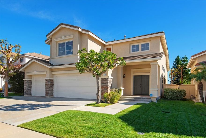 Move in now and pay $5,200 per month until November 30, 2025! A former William Lyon model home in the prestigious Laguna Audubon II, 58 Raven Ln sits on a premium lot and is filled with abundant natural light and positive energy. On a higher elevation, 58 Raven Ln has no neighbor behind and offers nice views of trees, mountains, and rooftops. 3 bedrooms upstairs plus office/den downstairs. Once you enter through the front door you are greeted with beautiful 12x24 ceramic tile floors, two-story ceilings, lots of windows, an open floor plan, and a formal living/dining room. The same floor tiles extend through the hallway and downstairs 3/4 bath. Laminated wood floors in living room, family room, and den/office. Wood floors on staircase and throughout upstairs. You will love entertaining in this home - the kitchen opens to the family room and overlooks the nice backyard. Remodeled kitchen is equipped with Quartz countertops and back splashes, double stainless-steel sinks, GE gas cooktop, range hood, and dishwasher. Refrigerator included. Double sinks in upstairs hallway bathroom. Ceramic floor tiles in all bathrooms, kitchen, and upstairs laundry room. Newer AC. Three-car garage with built-in storage cabinets. No pets and non-smoking only. Gardener included. Tenant pays all utilities. Five-minute drive to Aliso Viejo town center which offers a good variety of restaurants, movie theaters, and shops. Close to the beach, golf course, restaurants and shopping, and easy access to 133 Hwy.