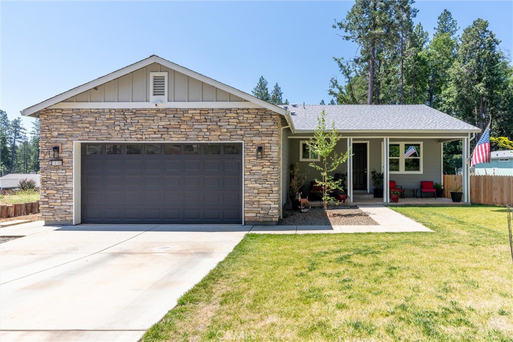 Discover this stunning 2023-built home in the peaceful mountain community of Magalia, CA. Offering 3 bedrooms, 2 bathrooms, and loaded with modern features, this home blends style, comfort, and functionality. Enjoy granite counters, stainless Samsung appliances, Kohler fixtures, a cozy electric fireplace, and a spacious open layout. The living room and primary bedroom are wired for surround sound, with ethernet in every bedroom and a Wi-Fi–enabled thermostat. The finished 2-car garage includes an EV charging connection and a silent side-mount opener. The home is equipped with solar and two backup batteries for energy storage, offering efficiency, peace of mind, and lower utility costs. The fully fenced backyard is a private retreat with a brand new above-ground pool, custom firepit area, and large gazebo—perfect for relaxing or entertaining. Newly planted evergreens and 6 varieties of fruit trees surround lush front and back lawns, adding beauty and privacy. Located near Paradise Lake, shopping, and dining, with access to Paradise Pines HOA amenities including a clubhouse, pool, spa, tennis courts, and more. A truly turnkey mountain gem!