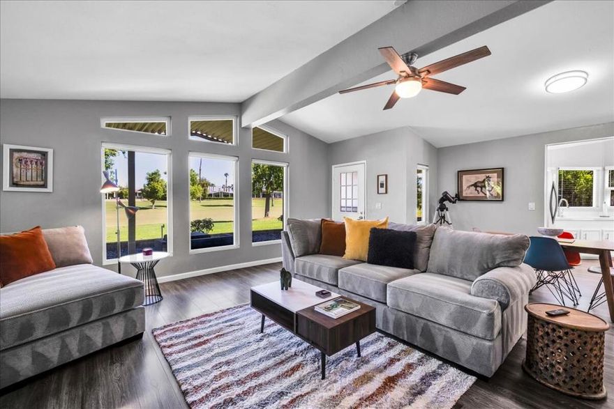 This  beautifully updated home features 2 bedrooms, 2 baths and den in 1692 square feet.  The open plan public rooms have vaulted ceilings, clerestory windows, a large entertainer's  eat-in kitchen,  custom window treatments and all stainless kitchen appliances. Large, clean-as-a-whistle bathrooms, an in-house laundry room, three covered  parking spaces and a  large storage shed add exceptional value to this home.  Good quality laminate flooring throughout. This Light, bright and airy home is offered turn-key-furnished and move-in ready. Lively Adult  Living in Suncrest Country Club - 55+ Community, inviting FAIRWAY residence situated in this vibrant community in the heart of Palm Desert .  Suncrest  offers  an array of premium amenities including a beautifully maintained 9 hole regulation golf course, tennis courts, pickleball, a putting green, billiards room, community library, welcoming cafe, and a fully stocked pro shop--this community caters to an active and social lifestyle.  There is no HOA. The lease is $1,099  per month BUYER MUST GET PARK APPROVAL.