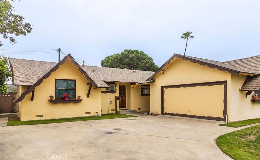 Single family residence of approximately 1104 sq ft, ranch-style home with three spacious bedrooms & two full bathrooms situated on a large (approx. 7,200 sq ft) flat lot in the heart of Garden Grove. The backyard features a large, functional shed, two lemon trees, sprinklers and a very roomy (approx. 11’ x 22’) covered patio. Comp shingle roof on house and patio were updated 10/2020. Front yard has a curved driveway large enough for about 4 cars; flat lawn area serviced by automated sprinklers; and a breezeway that connects the two-car garage to the house. Several updates to this home include: Central air ductwork & coil (2016), condenser unit (2021); hot water heater (2024); vinyl sliding glass doors & window (2023); bathroom windows (2021); lighted & vented range hood over GE stove/oven (2020); & kitchen flooring (2021). Generously sized living room with oak flooring has a wood burning fireplace & direct access to the patio/backyard. Primary bedroom features a private outside entrance plus an en suite bathroom with tiled shower. Second bedroom is light & bright with windows facing north & east. Third bedroom has built-in shelving and a view of backyard. This house is conveniently located near shopping, freeway access and is about 3 miles south of Disneyland! Contact agent (Jim Hall Lic. #02138657) to view property. Time to make this house your home!