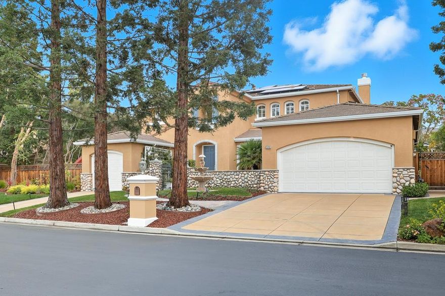 Perched atop one of Silver Creek Valley Country Clubs most coveted streets, this spectacular estate blends luxury, comfort, and functionality. With approximately 3,809 sq. ft. on an almost 12,000 sq. ft. lot, this 5-bedroom (4 plus office), 4.5-bath home offers an idyllic lifestyle complete with a sparkling pool and resort-style ambiance.The desirable floor plan suits families and multigenerational living, featuring two bedrooms on the main levelincluding a dedicated officeand a side play yard with a swing set. From the formal entry with soaring ceilings and hardwood floors, step into elegant, light-filled living spaces.The chefs kitchen showcases freshly painted cabinetry, stainless steel appliances, an expansive island, and a walk-in pantry. The family room offers a cozy gas fireplace and windows framing picturesque pool views. Upstairs, the primary suite is a serene retreat with a spa-inspired bath and custom walk-in closet, while two additional ensuite bedrooms offer comfort and privacy.Additional highlights include plantation shutters, solar panels, double-pane windows, an EV charger, and an entertainers backyard perfect for relaxing or hosting gatherings.Residents enjoy world-class golf, tennis, swimming, and dining amenities.