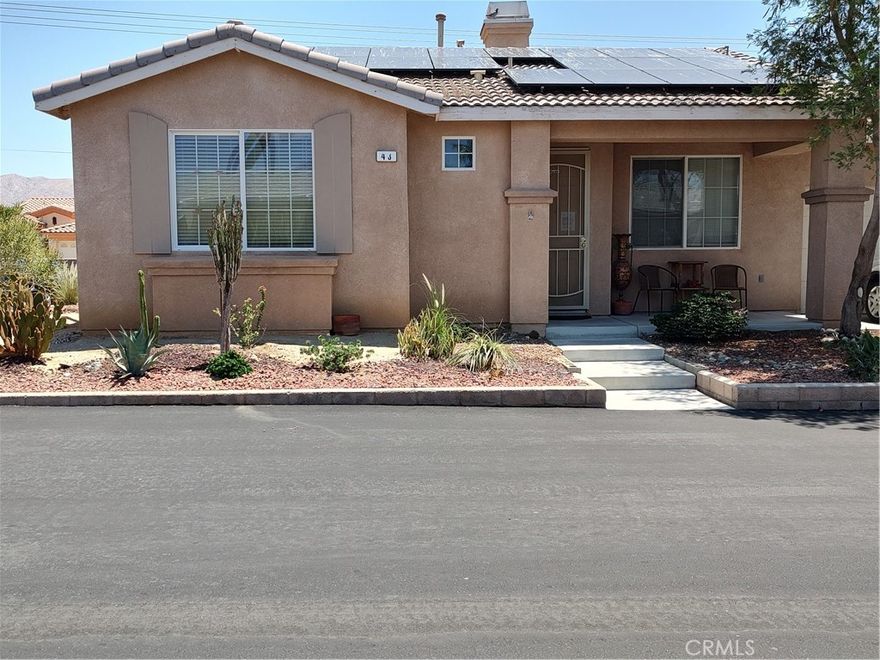 Retire and Enjoy... Affordable/ Solar Home. You own the land. This roomy home is a 2 Bedroom/ 2 Bathroom with garage. Desert Williows is a gated 55+ community. Has pools, clubhouse and many other amenities. The home is open and inviting. Fireplace is in the living room.Outdoorback yard  Patio area with block wall can Party and entertain your family and friends..  views are panoramic add with Gorgeous Mountain Views of San Jacinto/ San Gorgonio. The home is located with in minutes of Palm Springs,California where you can wine and dine at some of the best restaurants. Near Casino's for FUN TIMES. Love to dance this area has some of the best live Bands venues for Music and night life in the desert area. Got your  Game on to Golf many worlds class golf courses to choose from. Nothing but the best....AGENTS, Please be sure to place on your show list to your buyers.