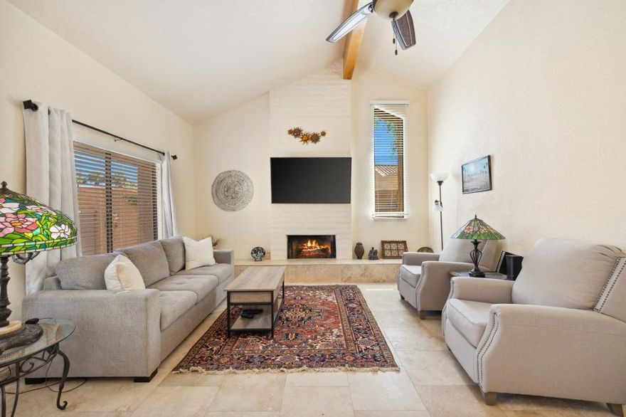 Two story Courtyard Villa townhouse with 3-bedrooms & 3-baths. This private floorplan has bedrooms nicely divided with one upstairs suite and large patio deck. Living room has open kitchen remodeled and updated. Downstairs patio is walled & gated with private in-ground spa. Every room has a patio area. Updated HVAC and epoxy garage flooring. Newer fixtures, counters & cabinets plus tile & wood flooring throughout. Fully furnished move-in condition. Ironwood Country Club has privately-owned golf courses, tennis/fitness, pickleball & dining facilities which are Member Only use. Memberships are available to join. HOA includes use of 3-common pools.