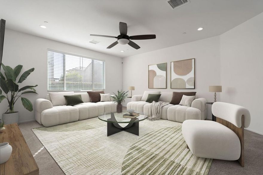 Immediate Opportunity to Own a 4BD/2BA Home in the Desirable Valencia Community. This move-in-ready home has been designed for comfort and offers everything today's buyer covets: bright, airy, and open. Features include; high ceilings, extended tile flooring, recessed lighting, and an abundance of natural light streaming through multiple windows and doors. You'll find spacious guest bedrooms and a generous primary suite complete with dual vanities and a large walk-in closet. The kitchen overlooks an expansive great room, making it ideal for both entertaining and everyday living. Step outside to an oversized backyard--a blank canvas ready for your dream pool, spa, or custom outdoor retreat. Additional highlights include drought-tolerant, low-maintenance landscaping and NO HOA. Home has been virtually staged for marketing purposes.