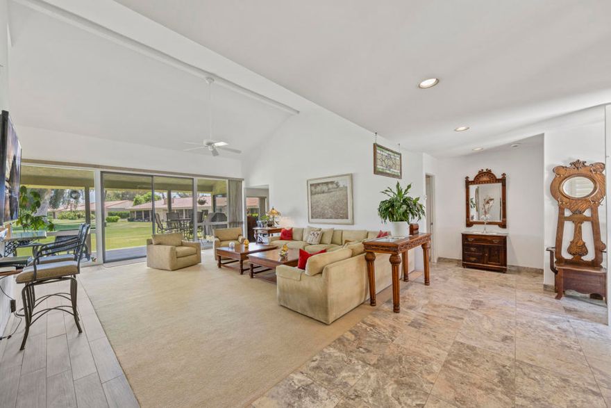 Discover this opportunity to own a spacious and inviting 3-bedroom, 3-bath condo in the desirable Montego West community within Bermuda Dunes Country Club. Spanning approximately 2,400 sq ft, this home features an expansive den/family room with a cozy fireplace-- easily convertible into a second primary suite. Enjoy generous living and dining areas with soaring vaulted ceilings and breathtaking views of the driving range, golf course, clubhouse, and mountains. A thoughtfully added office space sits just off the dining room for added functionality.The home is perfect for full-time living or a desert retreat. Montego West residents enjoy access to multiple pools, spas, and tennis courts. HOA fees include exterior maintenance, roof care, landscaping, trash service, and more. Located within the Imperial Irrigation District for lower electric rates and secured with 24-hour guard-gated access by Bermuda Dunes Country Club Security.