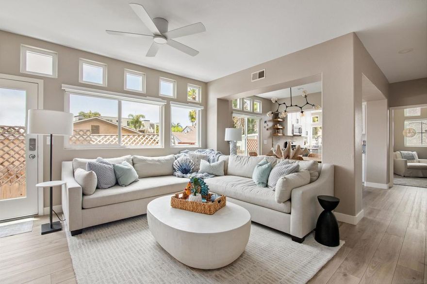 Tucked away in one of Pacific Beach’s most sought-after neighborhoods, Sail Bay, this coastal gem is your ticket to the good life. Quiet, private, and full of style, this west-facing townhome lives like a single-family home—flooded with natural light thanks to big windows and dreamy skylights. Step inside to a bright, open-concept main level where coastal comfort meets thoughtful design. The newly remodeled kitchen shines with sleek custom cabinetry, gorgeous countertops with matching backsplash, and a built-in coffee bar that adds both function and flair. Luxury vinyl flooring flows throughout, durable enough for sandy toes, little feet, or furry friends. The living room centers around a cozy fireplace framed by a beautifully tiled accent wall, creating the perfect spot to unwind. The space transitions seamlessly into the dining area, while a stylish powder bath and a versatile main-level bedroom, complete with a walk-in closet and a built-in Murphy bunk bed. Upstairs, you'll find spacious dual primary suites with en suite bathrooms and a laundry closet conveniently on the same level. The stair case has vaulted ceilings But the real showstopper? The spacious 250 sq ft rooftop deck with panoramic views of Sail Bay and golden sunsets, the perfect place to sip wine, stargaze, or host friends for summer nights under the sky. The well-maintained community shows true pride of ownership and offers two side-by-side parking spots and storage, so beach toys, bikes, and boards all have their place. Only one block from Sail Bay and Fanuel Park.  Tucked away in one of Pacific Beach’s most sought-after neighborhoods, Sail Bay, this coastal gem is your ticket to the good life. Quiet, private, and full of style, this west-facing townhome lives like a single-family home—flooded with natural light thanks to big windows and dreamy skylights. Step inside to a bright, open-concept main level where coastal comfort meets thoughtful design. The newly remodeled kitchen shines with sleek custom cabinetry, gorgeous countertops, and a built-in coffee bar that adds both function and flair. Luxury vinyl flooring flows throughout—durable enough for sandy toes, little feet, or furry friends. The living room centers around a cozy fireplace framed by a beautifully tiled accent wall, creating the perfect spot to unwind. The space transitions seamlessly into the dining area, while a stylish powder bath and a versatile main-level bedroom—complete with a walk-in closet and a built-in Murphy bunk bed—make hosting guests or working from home an absolute breeze. Upstairs, you'll find spacious dual primary suites with en suite bathrooms and a laundry closet conveniently on the same level. The stair case has vaulted ceilings But the real showstopper? The spacious 250 sq ft rooftop deck with panoramic views of Sail Bay and golden sunsets—the best place to sip wine, stargaze, or host friends for summer nights under the sky. The well-maintained community shows true pride of ownership and offers two side-by-side parking spots and storage, so beach toys, bikes, and boards all have their place. Location-wise, it doesn’t get better. Just blocks from Fanuel Park, The Catamaran Hotel, and the boardwalk.