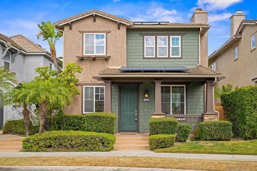 This bright & spacious former model still shows like new. Charming curb appeal with front porch. Large Living/Dining room open floorplan with cozy fireplace and built in cabinet, lots of windows. Gourmet kitchen with stainless steel appliances, granite counters, lots of cabinets, pantry, and built in desk.  Upstairs: Primary suite with walk in closet, luxury bath, & office/retreat area. 2 more large bedrooms. Hardwood floors. built in desk, cabinets & shelves. Laundry room-washer/dryer included. Central heat & A/C.  Solar system!(not leased)= low energy costs.  Low HOA fees- $272/month! Big 2-car garage.  Enjoy relaxing and entertaining on the large private patio/side yard. Prime location- walk to parks, pool, schools, and close to shops & restaurants.  Enjoy all that the desirable 4S ranch community has to offer.