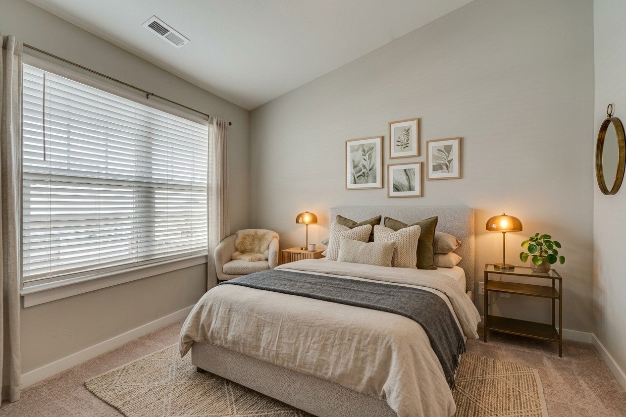 Primary bedroom with a upholstered headboard, a large window with blinds and a vaulted ceiling