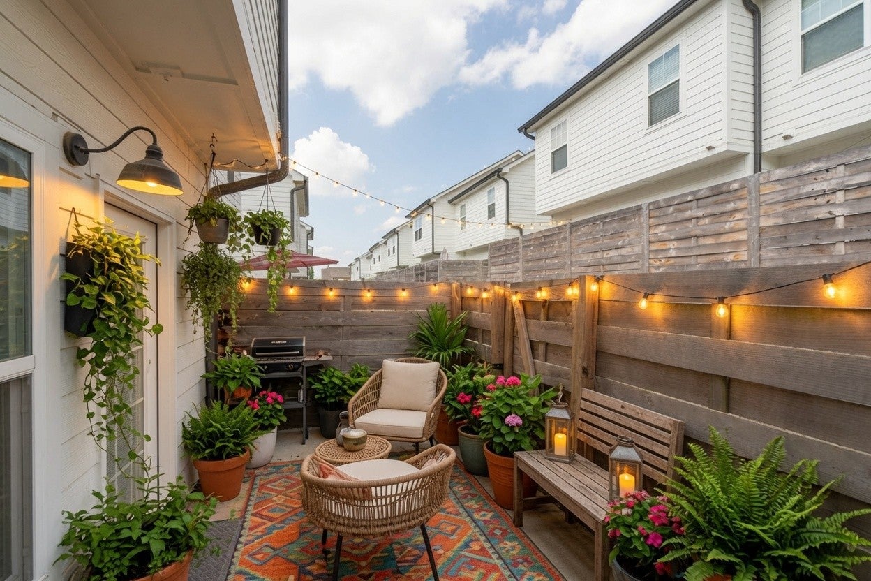 Fenced back patio with string lights, potted plants, a bistro chair and a wood bench along a wood privacy fence