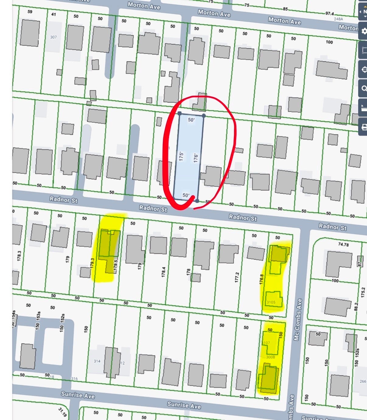 Survey map of the lot outlined in red, with dimensions of 50 feet wide by 175 to 176 feet deep along Radnor Street