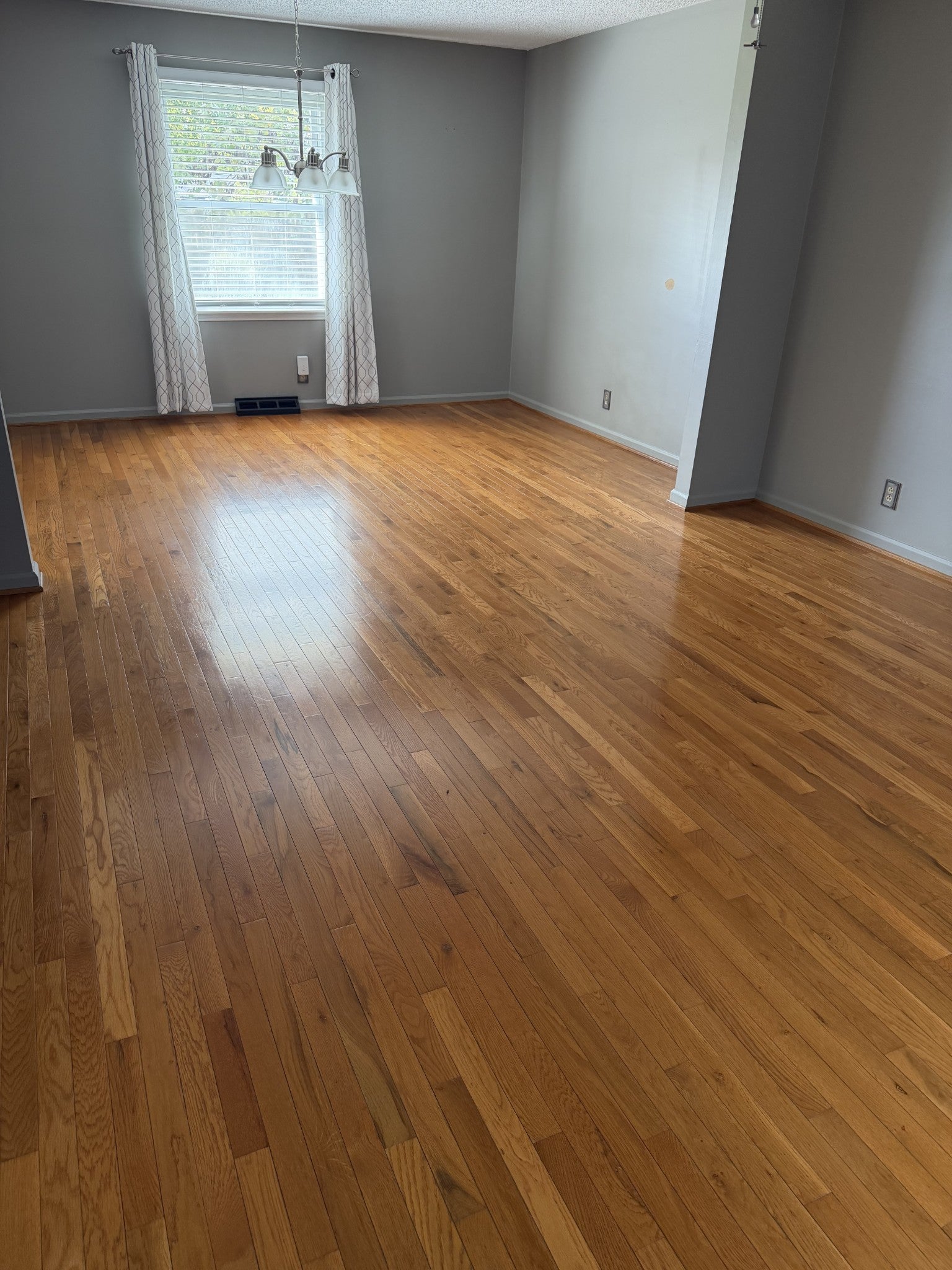 Living room with wood floors, a window with blinds and an adjoining dining area