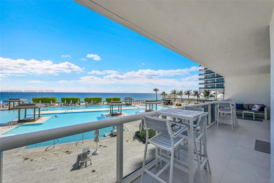 Experience breathtaking sunrise and direct ocean views from this stunning, fully remodeled 3-bedroom, 3-bath residence. Offered fully furnished, this spacious unit features 1,841 sq. ft. of interior living space plus a 280 sq. ft. private balcony. The property showcases a customized kitchen with KitchenAid appliances and porcelain floors throughout the unit. Enjoy a luxurious beachfront lifestyle with exceptional resort-style amenities, including a spa, two-story fitness center, direct beach access, heated infinity pools, an on-site restaurant and bar, covered parking, 24-hour security, and more. This residence offers the ultimate oceanfront resort living experience.