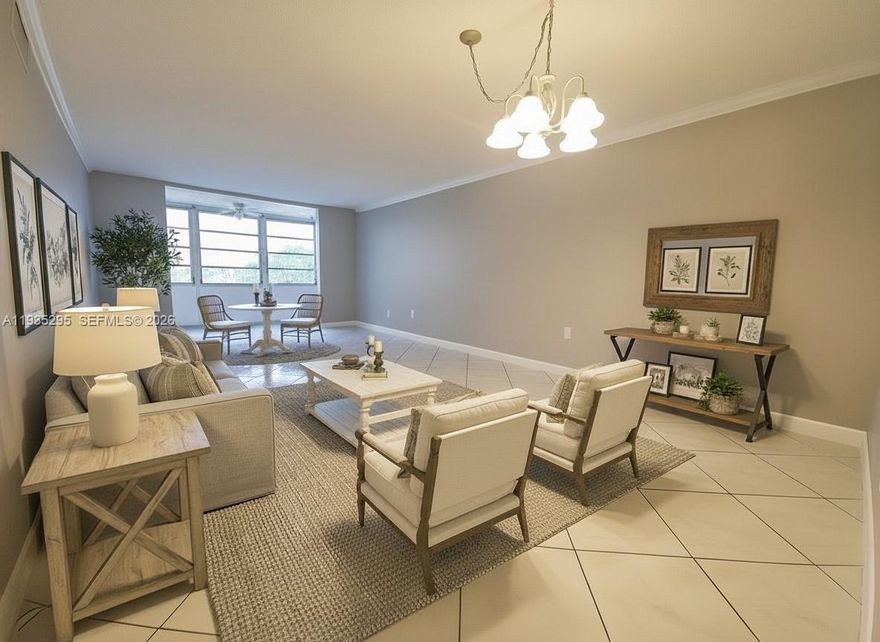 Discover this beautifully maintained 2-bed, 2-bath condo in a sought-after 55+ community in Lauderdale Lakes. This spacious unit features elegant crown moldings and baseboards, adding a touch of sophistication to every room. The ceramic tile flooring throughout ensures easy maintenance and a seamless flow from one space to the next. The kitchen is a chef’s delight, boasting oak cabinets, granite countertops, and ample storage. The living area extends onto an expanded balcony, providing add'l square footage-perfect for relaxing or entertaining. A vibrant community with fantastic amenities, close to shopping, dining, and entertainment minutes from highways and beach. Don’t miss this opportunity to own this condo in a peaceful, well-kept neighborhood! Pictures virtually staged.