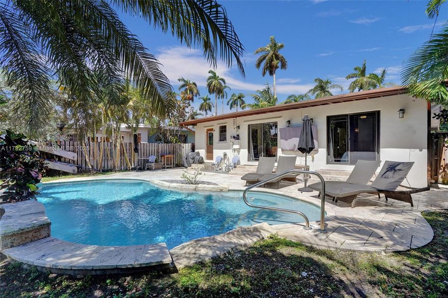 Welcome to spectacular turnkey pool home in prime location. Perfect for primary residence, second home, or vacation rental. Unique designers touch. Beautiful 3 bed, 3 bath features desirable open concept floor plan w/ natural light throughout and beautifully restored hardwood floor. 2 bedrooms have their own the ensuite. Located on coveted royal palm tree lined Tyler St. with circular driveway. Sliding glass doors lead to backyard that boasts a gorgeous saltwater pool w/ heater, safety fence, travertine deck, and lush tropical landscaping. New granite countertops and backsplash. Glass shower enclosures. New pool pump and HVAC 2023.