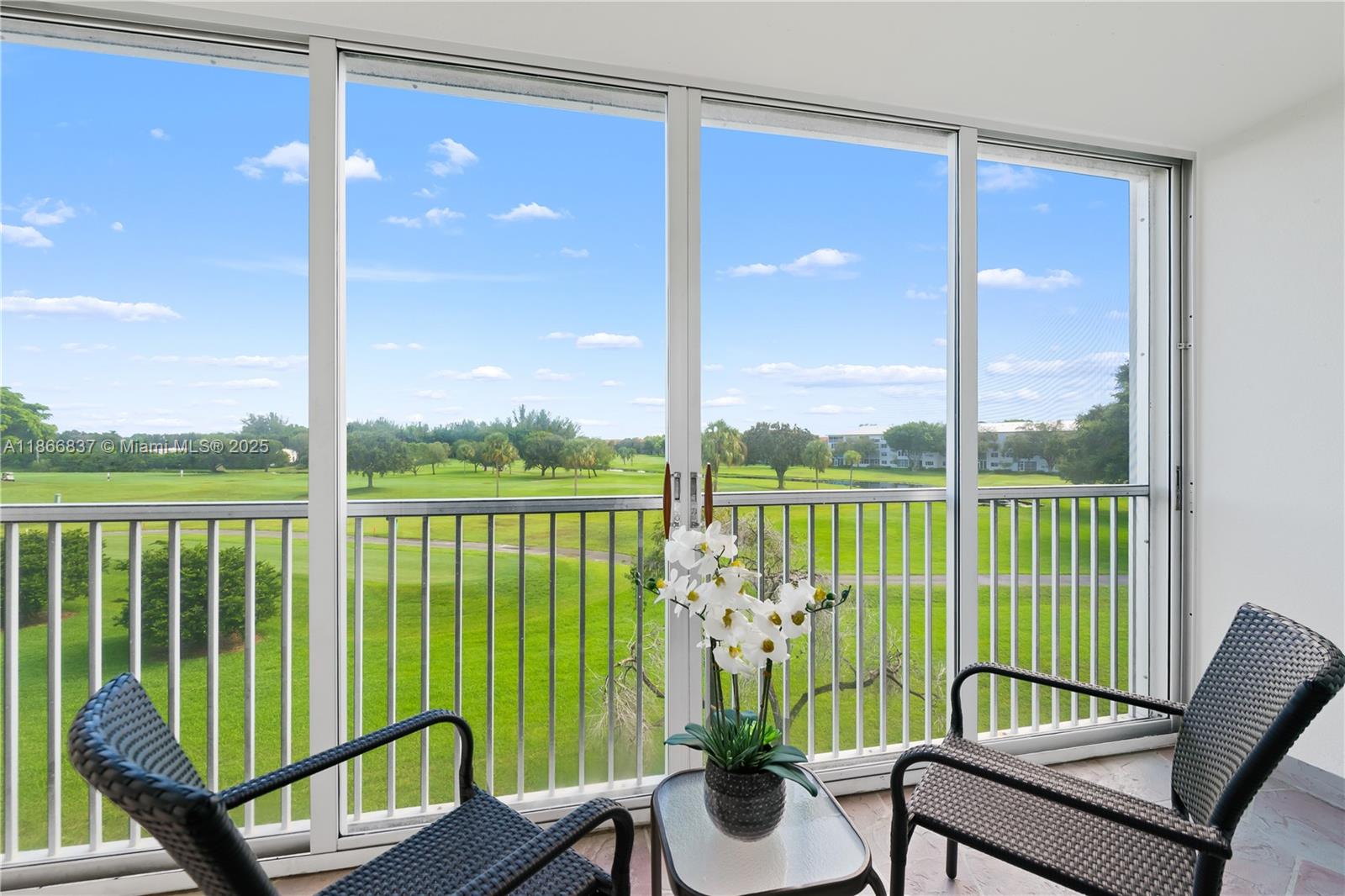 Cambridge at Century Village in Pembroke Pines, a 55+ active lifestyle community. Very nice 3rd floor unit with a view of the golf course. 2 bedrooms and 2 bathrooms, 1192 SF, Jasmine model. Primary bathroom w/an updated vanity/dressing area, 2nd bathroom update vanity, tile floors in the main living space and quality wood laminate floors in both bedrooms. Kitchen is original w/a new range, but clean. Screen balcony has glass sliding doors and the added security of accordion hurricane shutters on all windows. Enjoy the convenience an in-unit washer/dryer. Association includes basic cable & internet, water and trash removal. Enjoy 1st class amenities, shows in the theater, pickleball, tennis, and transportation to area shopping. HOA approval required prior to occupancy, min credit score 650