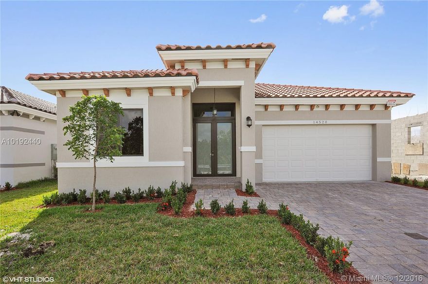 New construction of a spacious contemporary home- 3 Bed 2.5 Bath with Den. Impact doors & windows, 10 ft. ceilings with open floor plan. 24 x 24 rectified porcelain tile throughout with wood floors in bedrooms. Spacious master bedroom with walk in closet. Real wood kitchen cabinets & eat in island with Compac Quartz counters, and GE stainless steel appliances. Large laundry room with mop sink. Home is prewired for 8 security cameras. 2 car garage & paved, covered patio. No HOA fees. Call & move in today!