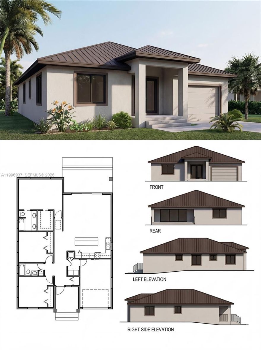 Pre-construction opportunity to own a thoughtfully designed new home in a quiet, well-located neighborhood near the Miami-Dade and Broward County line. Estimated completion in a few months, offering early buyers the advantage of customizing select finishes and equipment to suit their style.

This 3-bedroom, 2-bath residence (approx. 1,800 SF) features a bright open-concept layout with 9-foot ceilings and abundant natural light, creating a modern and comfortable living environment. The kitchen and living areas are designed for both everyday living and entertaining, complemented by contemporary cabinetry and modern appliances.

Built with quality and resilience in mind, the home includes impact-resistant windows, a durable metal roof, and elevated construction meeting current flood regulations—providing peace of mind and long-term value. Enhanced insulation and all-new systems contribute to energy efficiency, lower maintenance, and potential insurance savings.

A covered rear porch extends the living space outdoors, ideal for enjoying South Florida’s lifestyle, while the low-maintenance lot offers ease and practicality without the burden of extensive yard upkeep.

No HOA. Strategically located just minutes from I-95 and approximately 10 minutes to the beach, combining tranquility with excellent connectivity.

Ideal for first-time buyers, investors, or seasonal (snowbird) living.

Renders and floor plans are for illustrative purposes only.