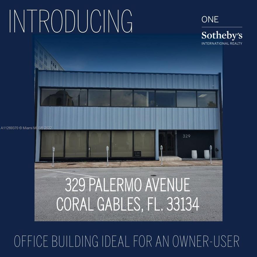The 329 Palermo Business Center presents an excellent opportunity for an owner. User to purchase a superb Class B office building. This 2-story Class B office building is located in the heart of Coral Gables CBD and is available for immediate occupancy. The 9958 Square feet office building has 12 on-site covered parking spaces along with 4 restrooms, a kitchen, a conference room and 18 offices in an open floor plan.329 Palermo would allow an owner-user to occupy this one-of-a-kind building for significantly less than they could lease on an annual basis. Rents in Coral Gables are on the rise with more and more tenants entering the market every day. Retail space commands a premium compared to office space and current lease structures in place limit the owners exposure to increased expenses.