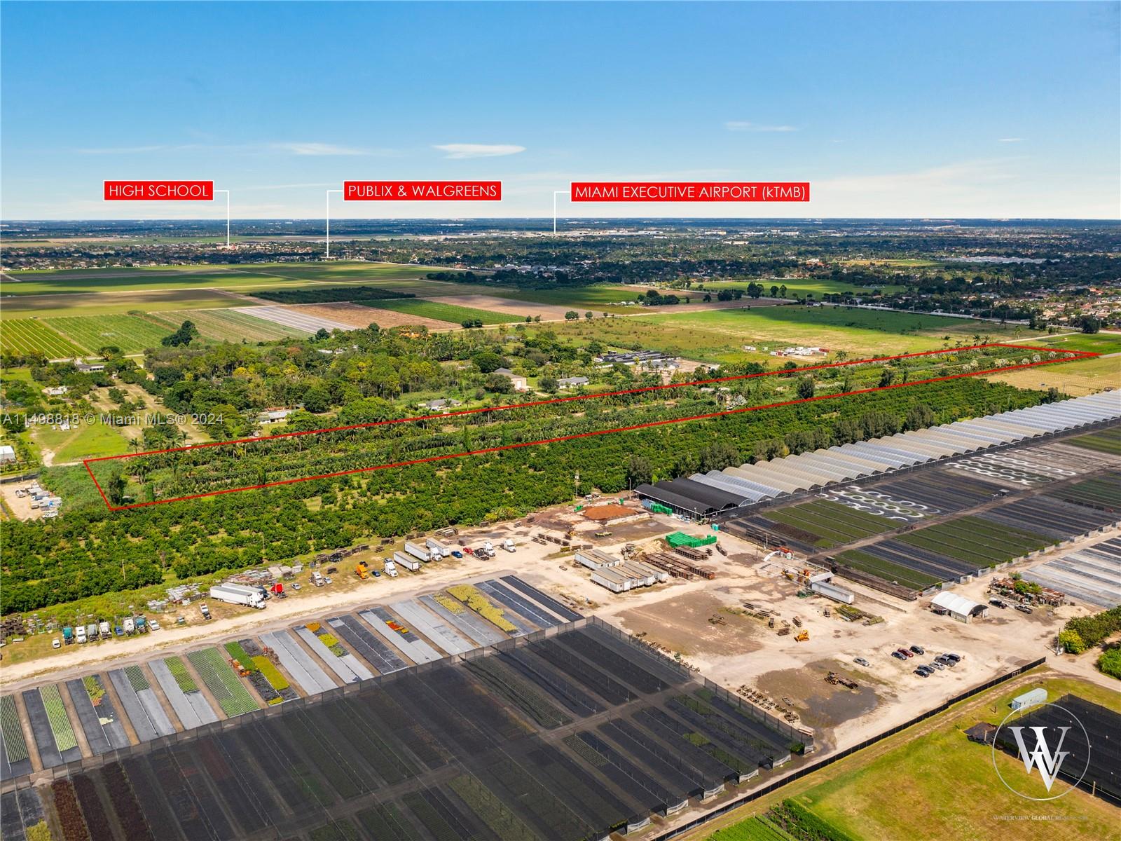 Land opportunity 20 acres at Miami, income nursery, large inventory, great location, easy access to main highways, 5.2miles to Kendall-Tamiami Executive Airport property is higher than most soil level elevation, in the last 20 years was spread 20,000 cubic yards of soil, with large irrigation pumps, and 3 big diesel engines. Also the area is under city review for rezoning to residential, land opportunity for future development, the site location is steps from Main Street,that across is residential area, with community gate residential homes, close to schools, next to Publix supermarket, Walgreens pharmacy, TD Bank, and more…