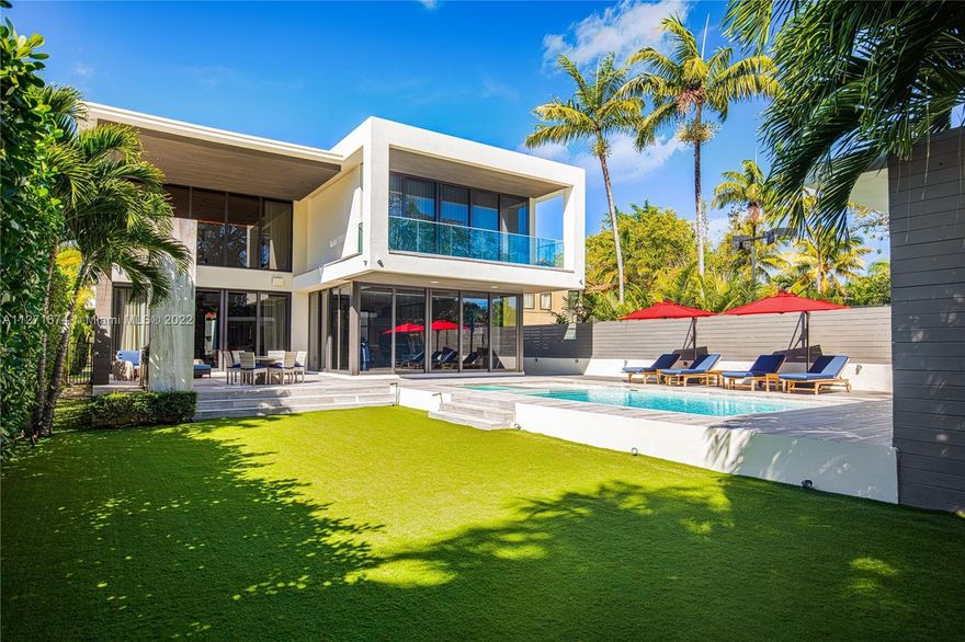 Impeccable modern architectural masterpiece located on prestigious North Bay Road. Perfectly designed to maximize space & privacy, this stunning residence on oversized 11,820 SF lot is nestled behind private gates. True open concept blending the indoors & outdoors mixed with lush tropical landscaping creating a zen paradise. Highlights include a beautiful combination of natural stone, exposed concrete & Ipe wood, soaring 22’ ceilings, chef’s dream Poliform walnut kitchen w/ double Sub Zero fridge, Wine cooler, marble floors, Lutron & Sonos smart home elements. The principal suite rivals the finest hotels w/ walls of glass & sumptuous spa-like bathroom. Outdoors, the grounds feature heated pool, outdoor kitchen/BBQ, a detached office, second floor putting green and a whole-house generator.