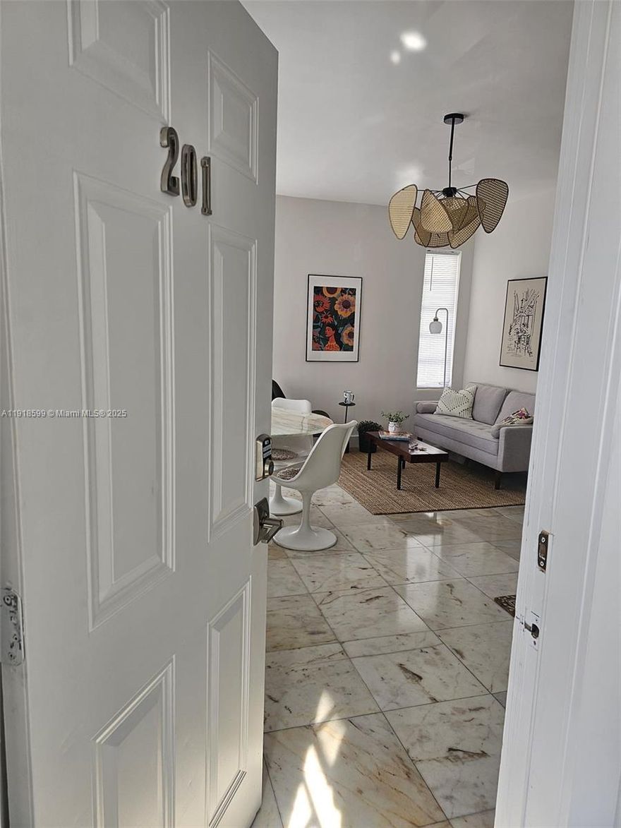 Bright a completely reenovated corner unit one bedroom PLUS DEN, one bathroom with shower. New kitchen fully equipped with refrigerator, microwave, electric stove, dishwasher. Washer/dryer inside the unit. New impact windows and condominium front door. Central A/C. Window all around the apartment. Small and quiet condominum. Tenant occupied. INTERNET included in the HOA